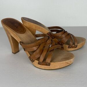Mia 90s Y2K Cathy Jean Wool Heeled Sandals Size 9M Tan Leather Strappy Platform